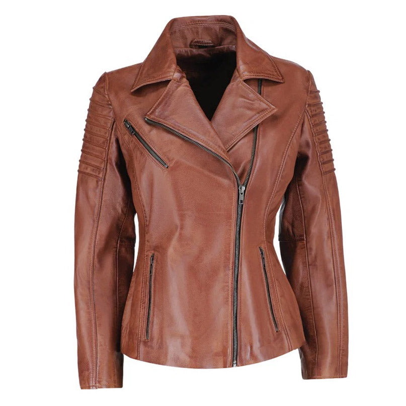 Women's distressed biker leather jacket with piping