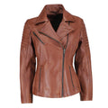 Women's distressed biker leather jacket with piping