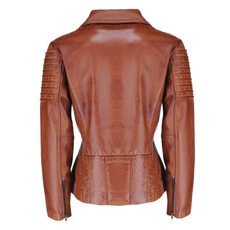 Women's distressed biker leather jacket with piping
