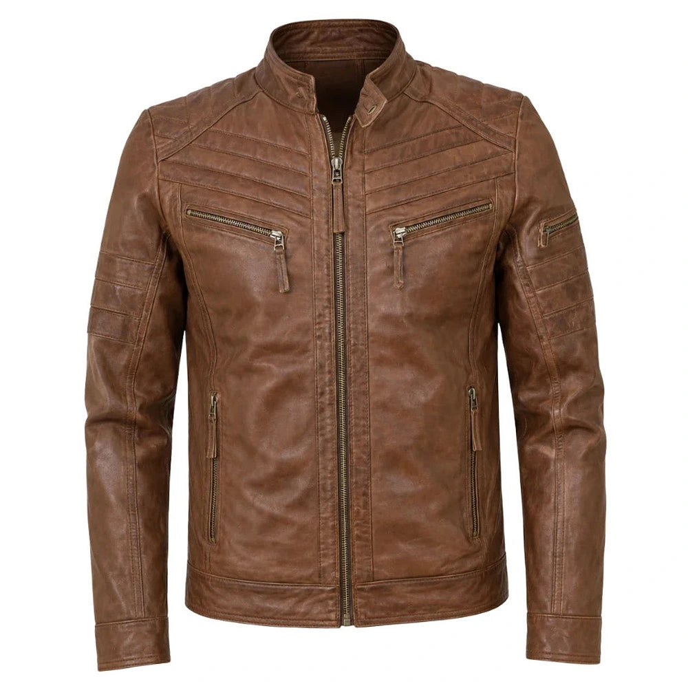 Brown moto style jacket with patterns