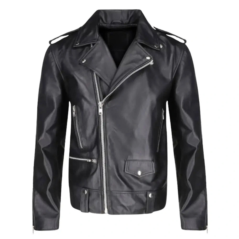 Classic Leather Biker Jacket with Epaulette