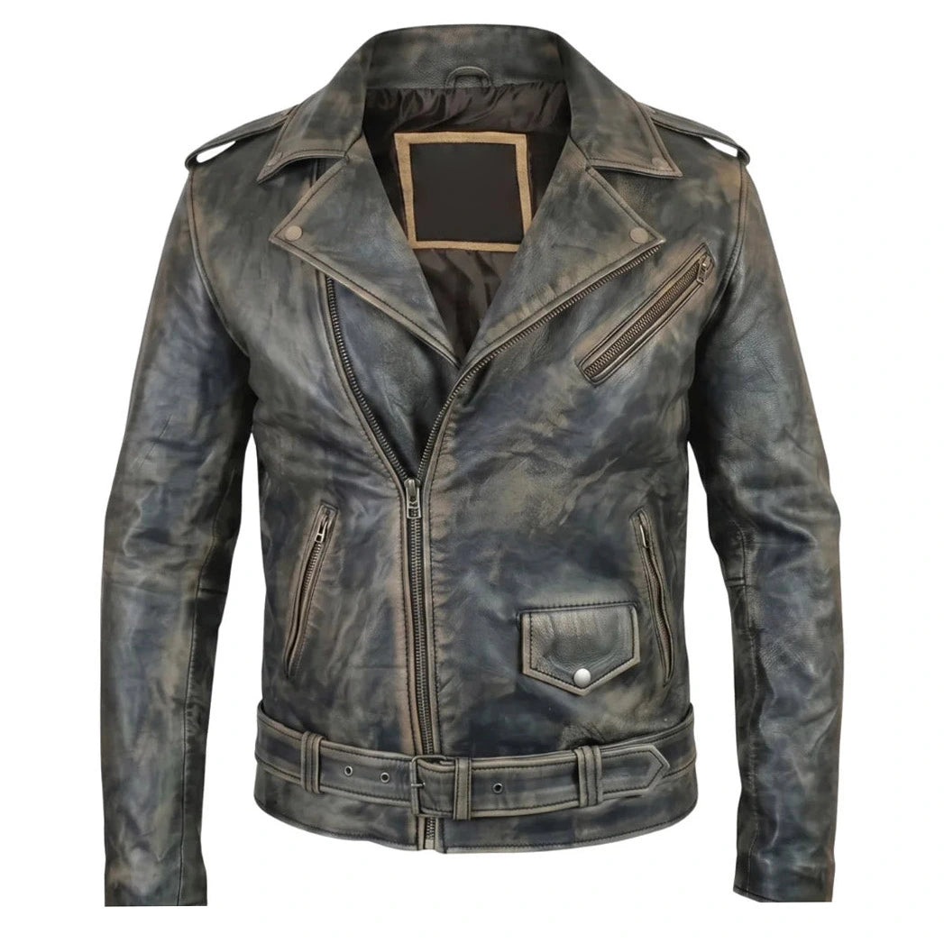 Distressed Belted Leather Biker Jacket