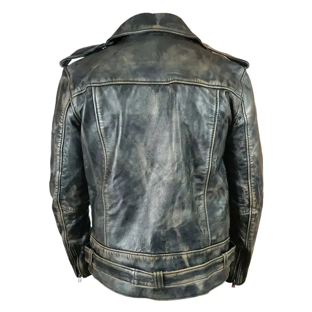 Distressed Belted Leather Biker Jacket