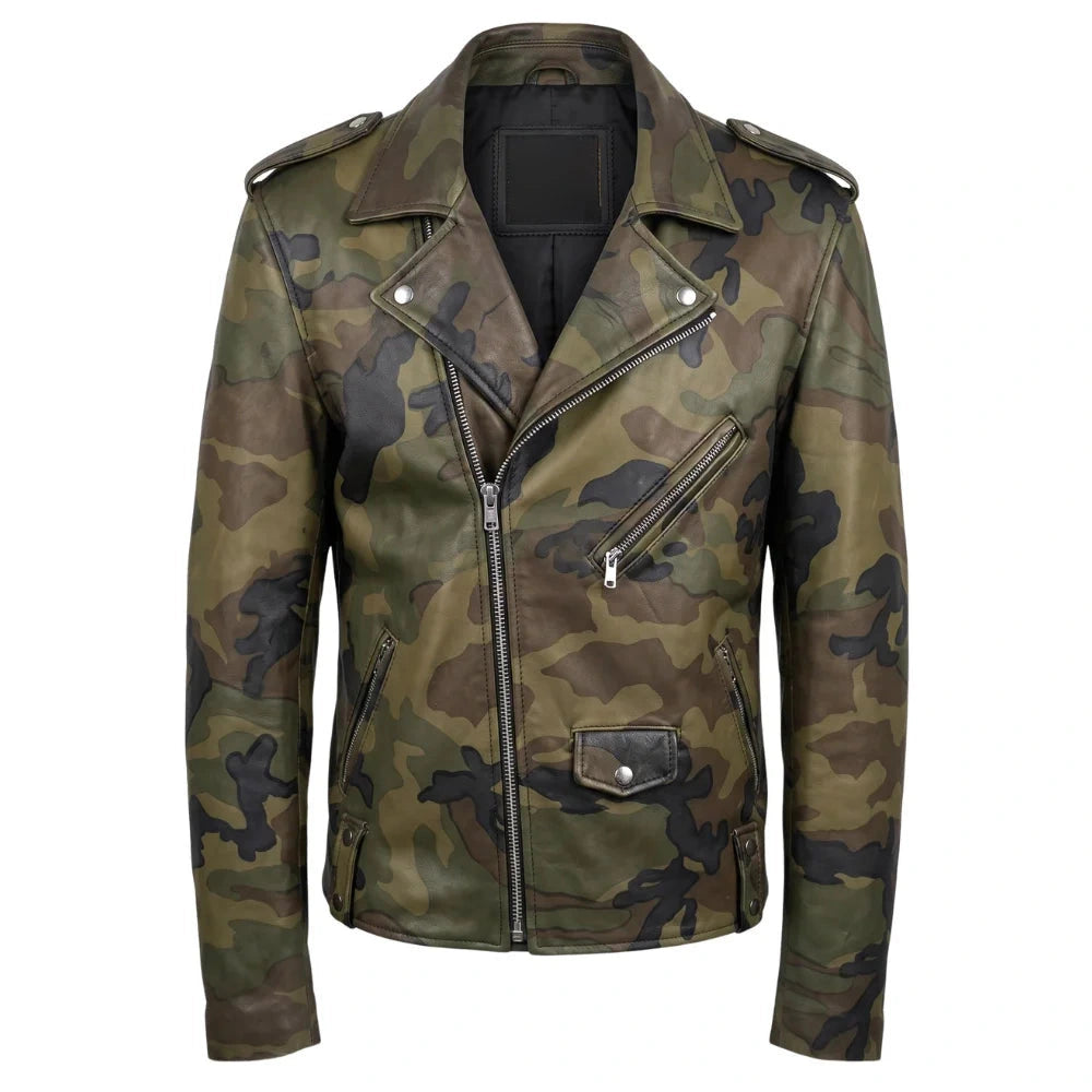 Military Printed Camouflage Leather Biker Jacket