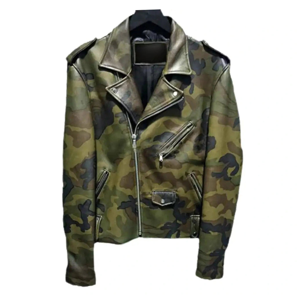 Military Printed Camouflage Leather Biker Jacket