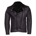 Black on Black Belted Shearling Leather Biker Jacket