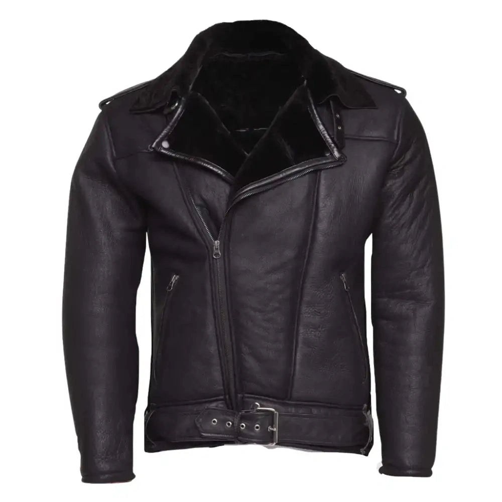 Black on Black Belted Shearling Leather Biker Jacket