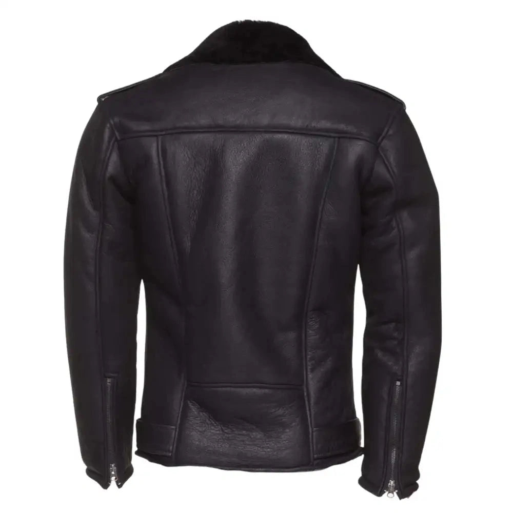 Black on Black Belted Shearling Leather Biker Jacket