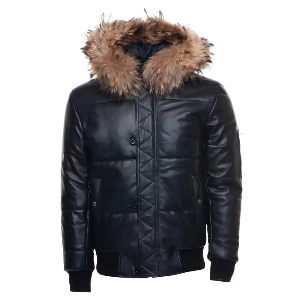 Traynor Leather Puffer Jacket with Fur Hood & Ribbed Trim