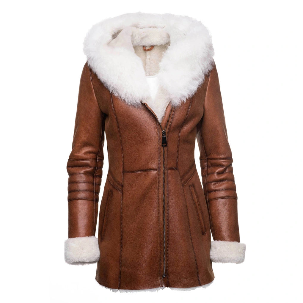 Ayva's Tan Shearling coat with fox fur trim Hoodie