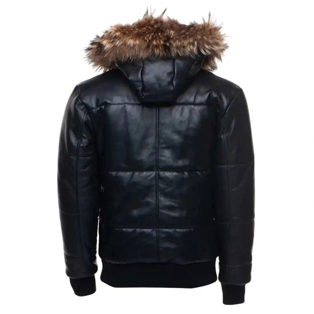 Traynor Leather Puffer Jacket with Fur Hood & Ribbed Trim