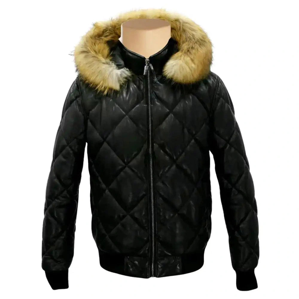 Joel Diamond Quilted & Hooded Leather Puffer Jacket