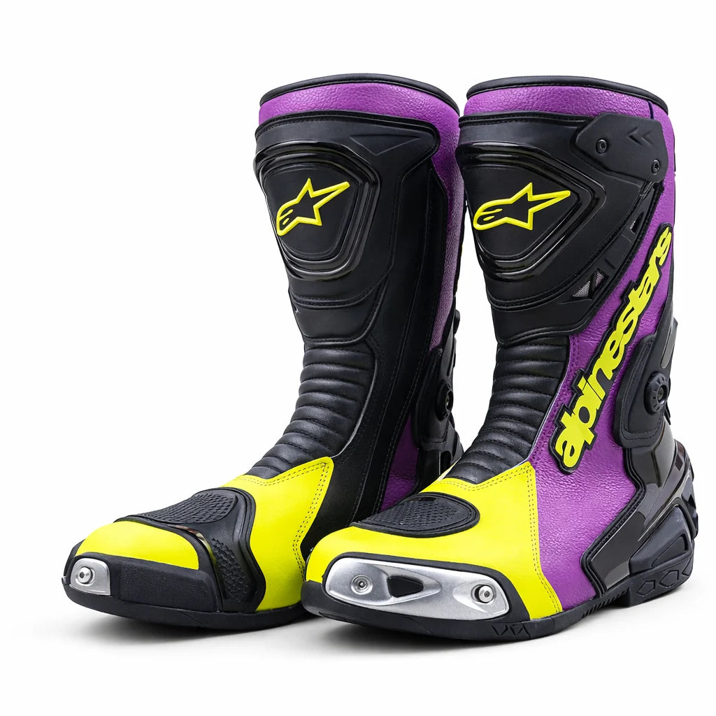 Alpinestars Motorcycle Racing Boots | Purple & Neon Edition