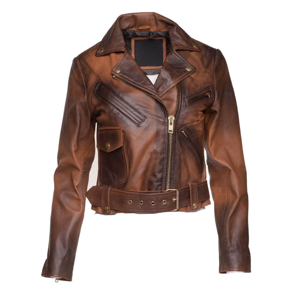 Tracy's shaded brown crop biker leather jacket with waist belt