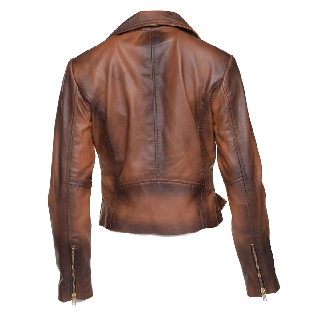 Tracy's shaded brown crop biker leather jacket with waist belt