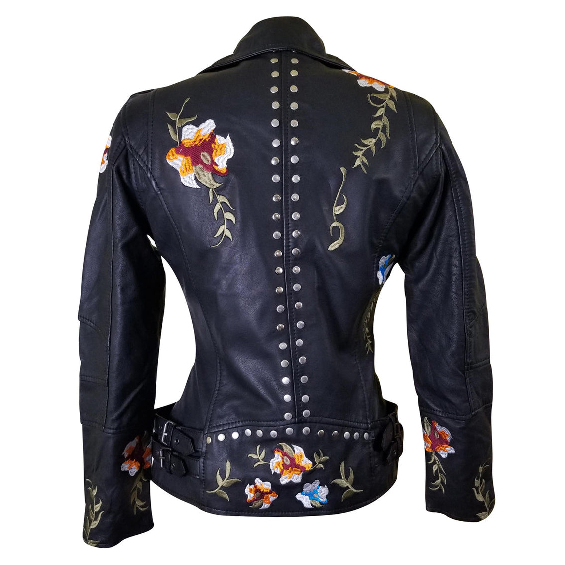 Flowery Embroidered Leather Jacket With Studs