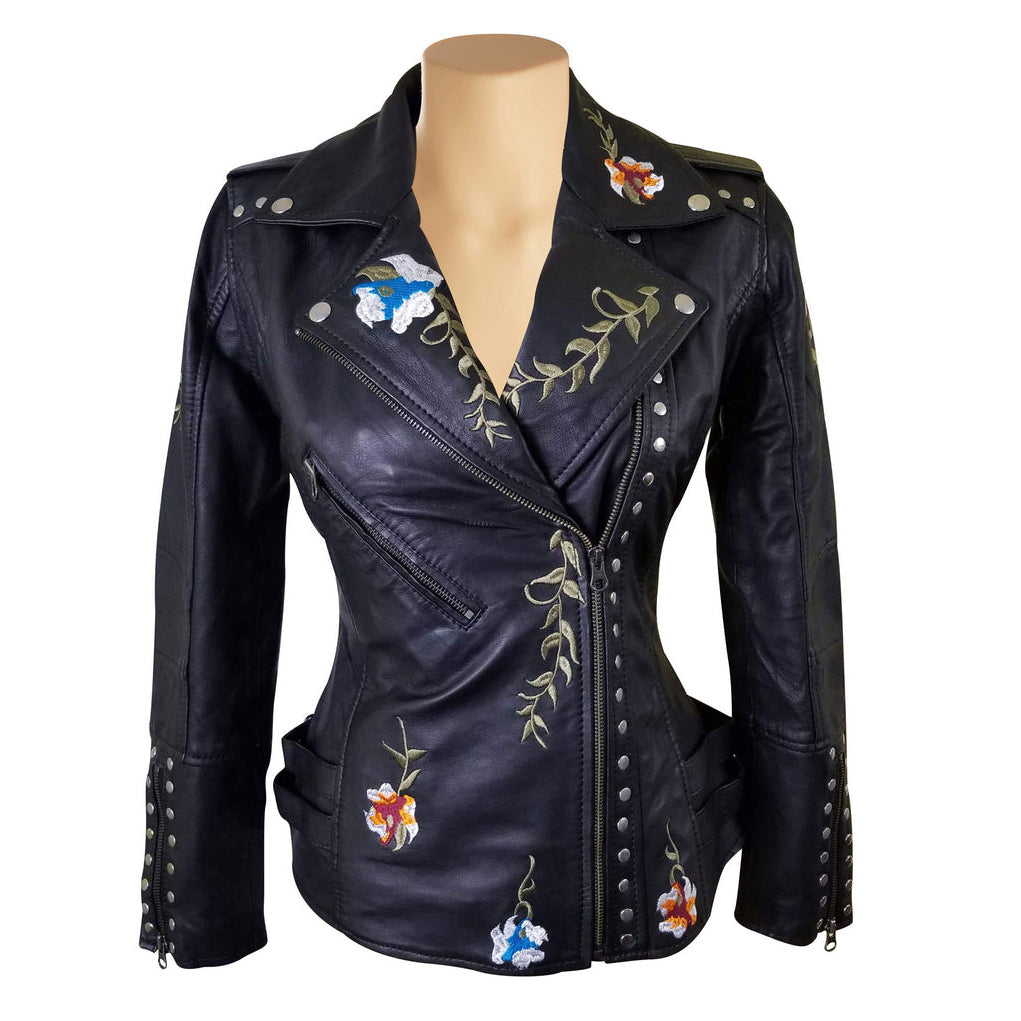 Flowery Embroidered Leather Jacket With Studs