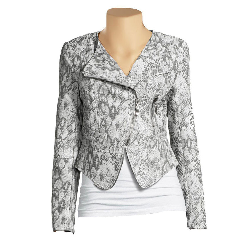 Women's grey snake print leather jacket